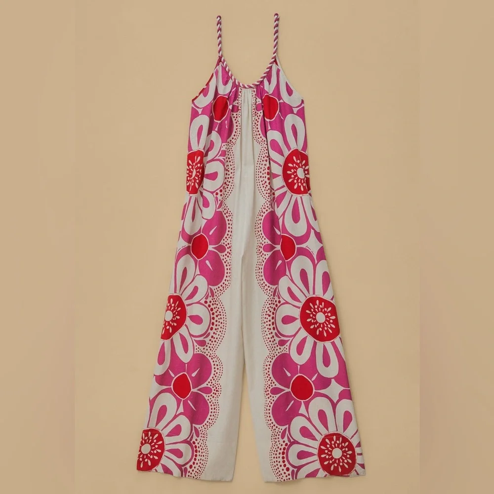 Farm Rio Off-White Maia Pink Floral Linen Blend Wide Leg Scoop Neck Jumpsuit - Picture 5 of 11